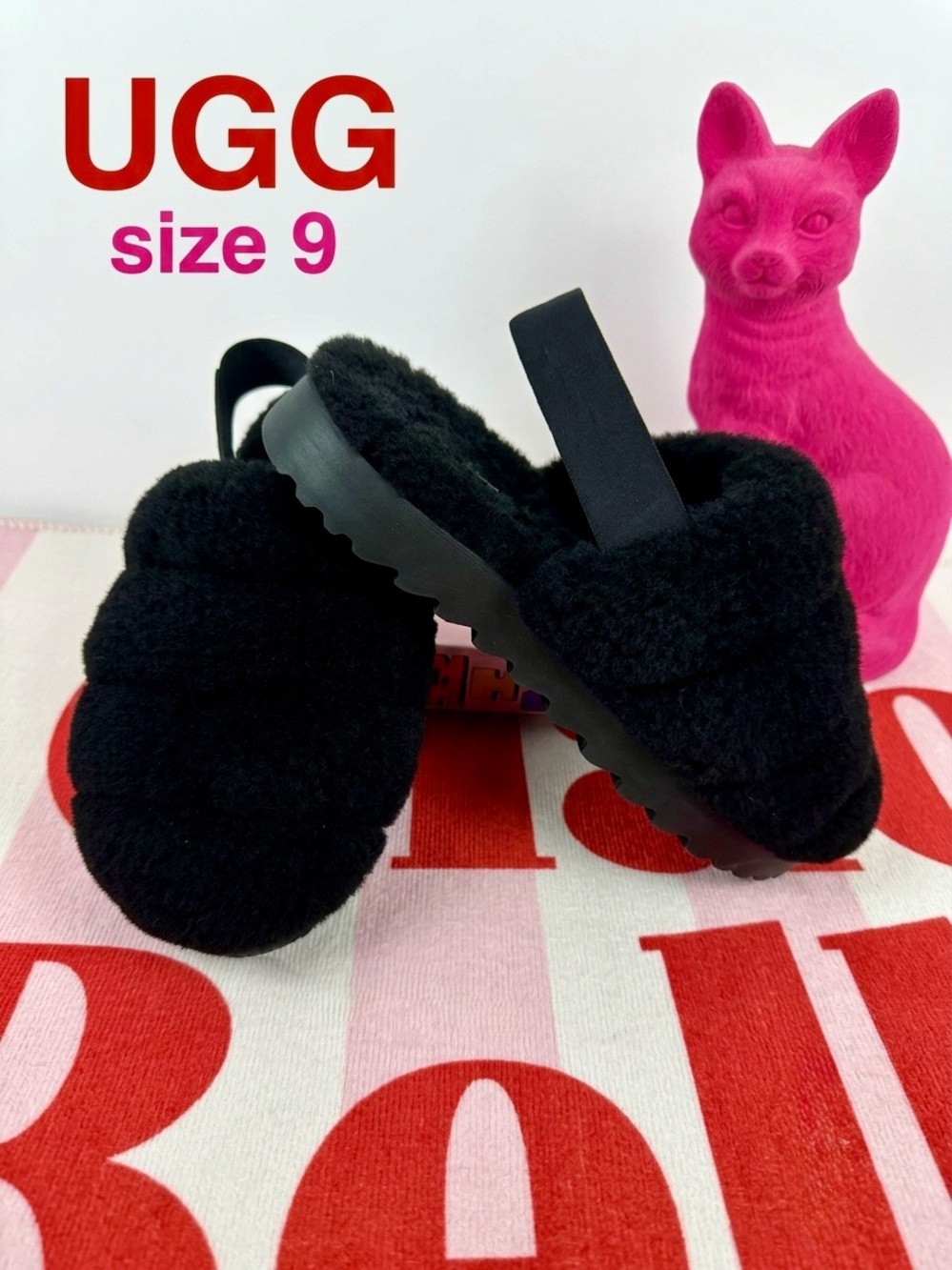 UGG Super Fluff Slipper Black Sheepskin Slingback Size 9